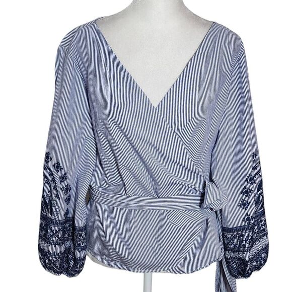 Max Edition Blue and White Stripe Wrap Blouse with Embroidery Size Large - Picture 1 of 10